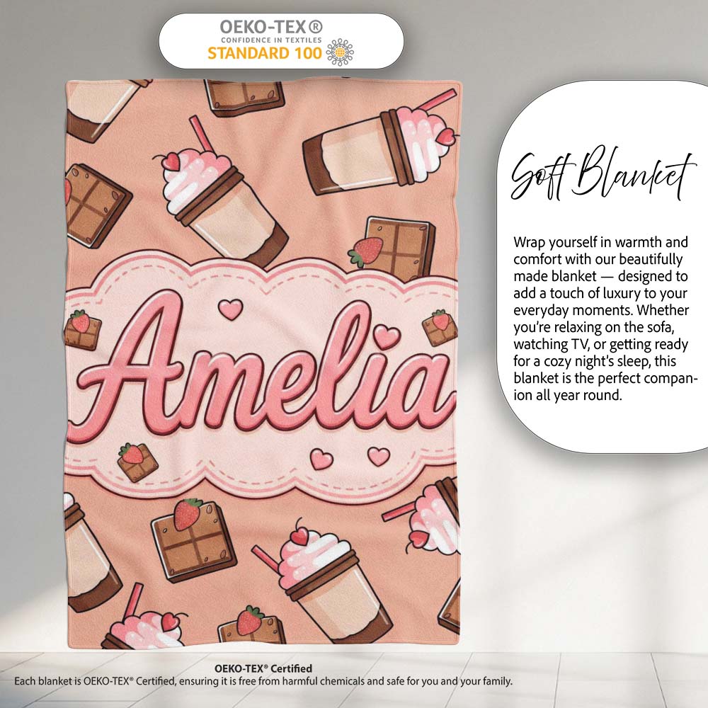 Cute Chocolate Milkshake Peach Background Sweet Drink Seamless Personalised Custom Name Super Soft Fleece Blanket Bed Sofa Throw