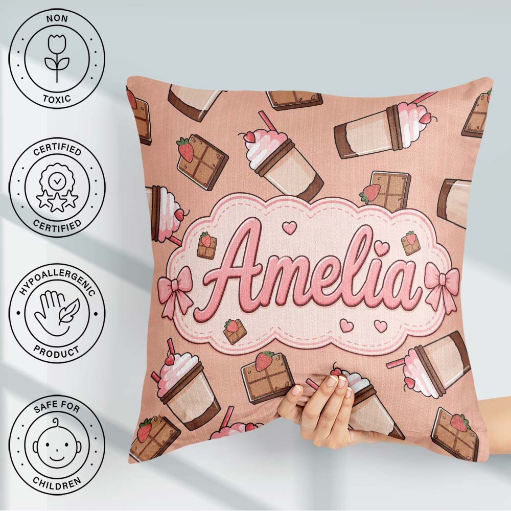 Custom Name Cute Chocolate Peach Background Sweet Drink Seamless Square Filled Cushion Throw Pillow Sofa Bed Home Decor Zip Washable UK Made