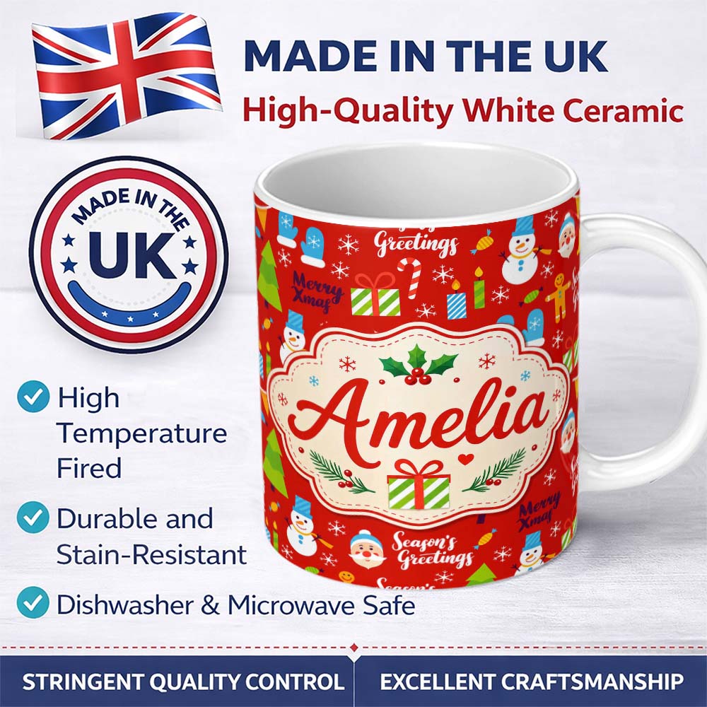 Personalized Custom Name Merry Christmas Santa Snowman Candy Greeting Seamless Pattern Lovely 11oz Ceramic Coffee Tea Mug White Large Handle