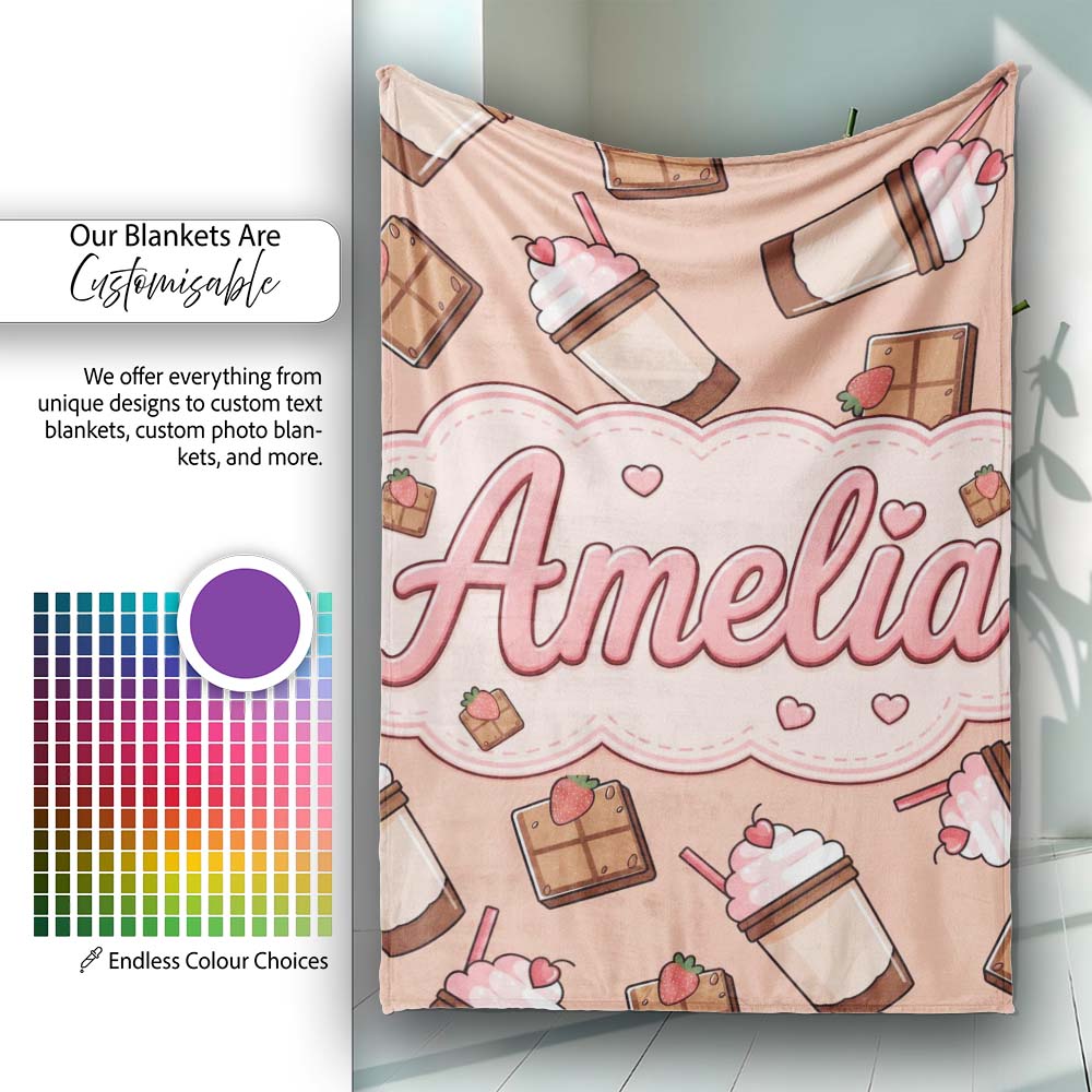 Cute Chocolate Milkshake Peach Background Sweet Drink Seamless Personalised Custom Name Super Soft Fleece Blanket Bed Sofa Throw