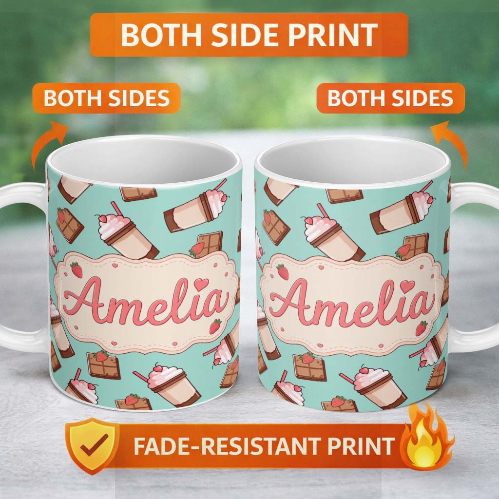 Personalized Custom Name Cute Chocolate Milkshake Mint Background Sweet Drink Seamless 11oz Ceramic Coffee Tea Mug White Large Handle