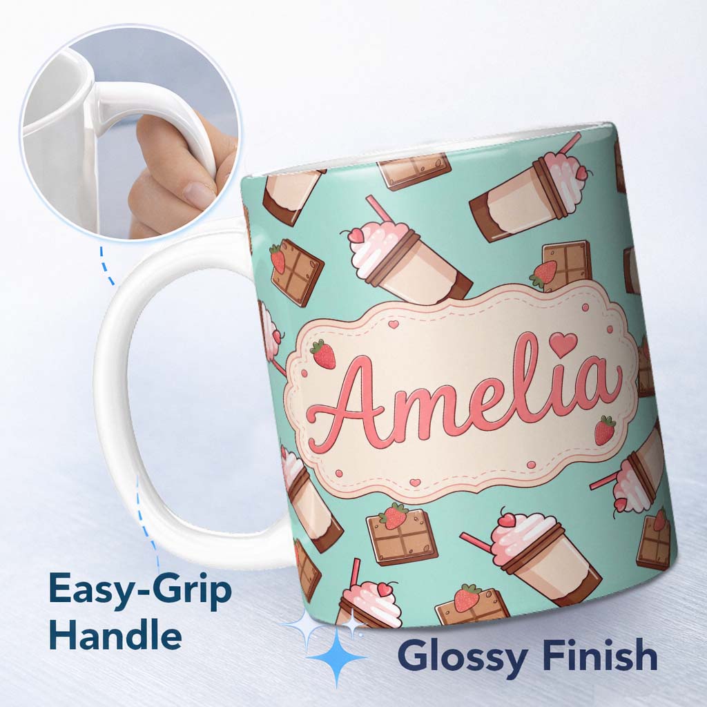 Personalized Custom Name Cute Chocolate Milkshake Mint Background Sweet Drink Seamless 11oz Ceramic Coffee Tea Mug White Large Handle
