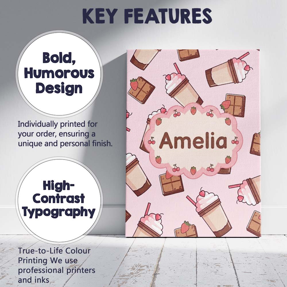 Personalised Name Cute Chocolate Milkshake Custom Unique Gift Idea Elegant Feature Canvas Wall Art Print Decor Picture Ready to Hang