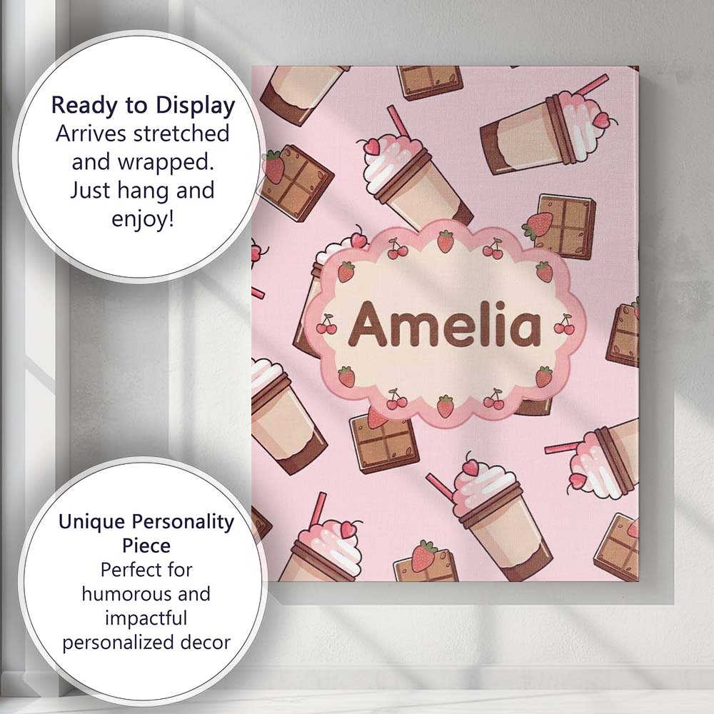 Personalised Name Cute Chocolate Milkshake Custom Unique Gift Idea Elegant Feature Canvas Wall Art Print Decor Picture Ready to Hang