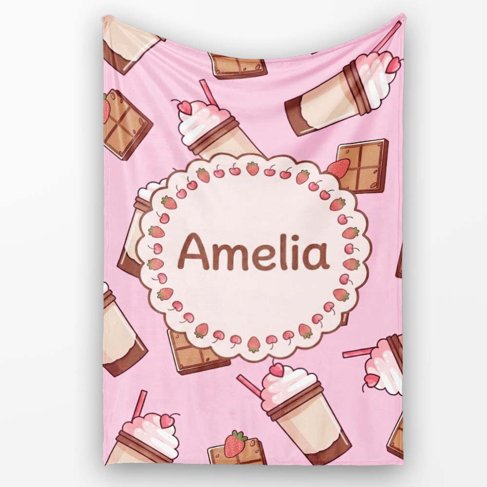Cute Chocolate Milkshake Bright Pink Background Sweet Drink Personalised Custom Name Super Soft Fleece Blanket Bed Sofa Throw