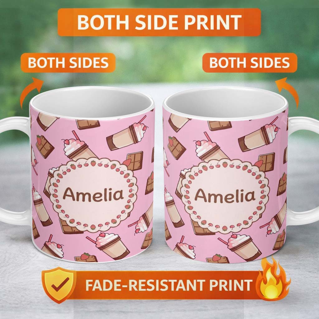Personalized Custom Name Cute Chocolate Milkshake Bright Pink Background Sweet Drink 11oz Ceramic Coffee Tea Mug White Large Handle
