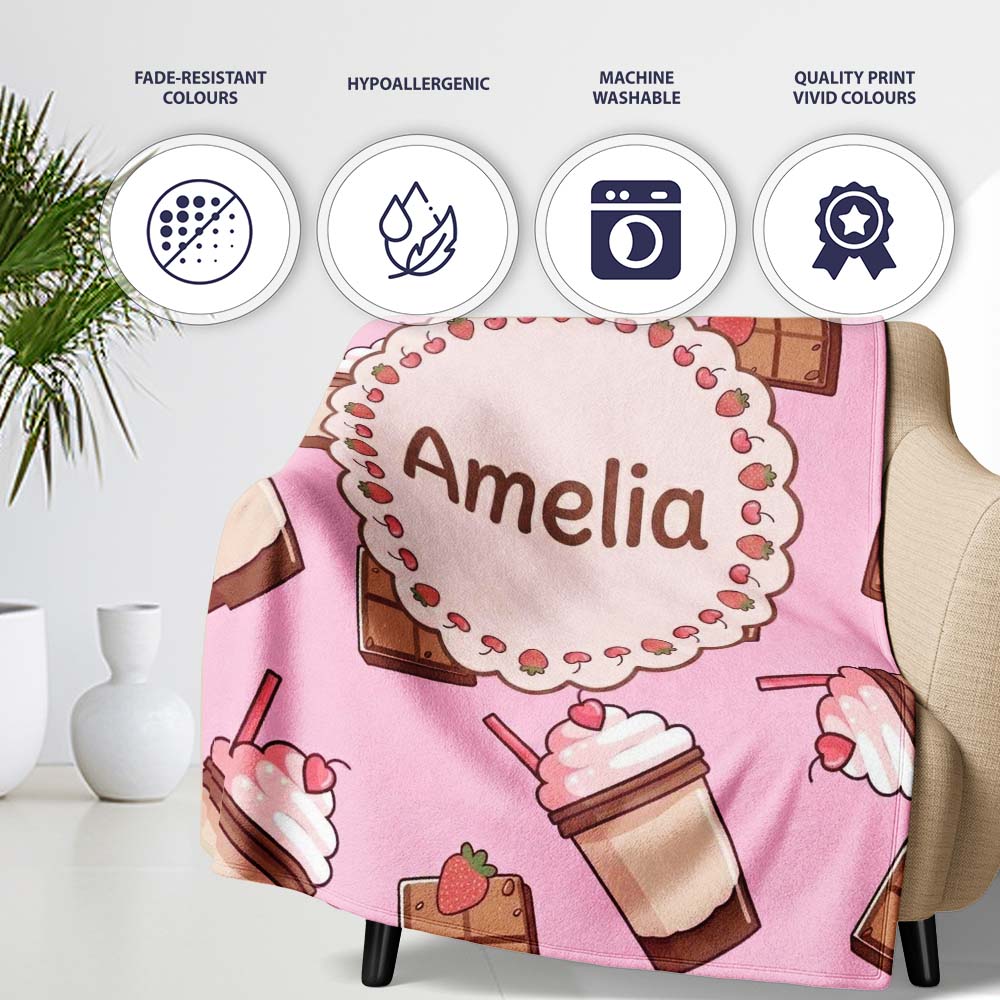 Cute Chocolate Milkshake Bright Pink Background Sweet Drink Personalised Custom Name Super Soft Fleece Blanket Bed Sofa Throw
