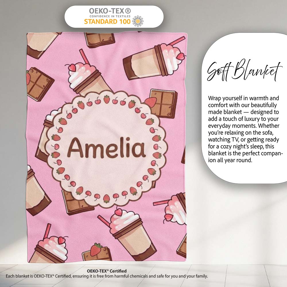 Cute Chocolate Milkshake Bright Pink Background Sweet Drink Personalised Custom Name Super Soft Fleece Blanket Bed Sofa Throw