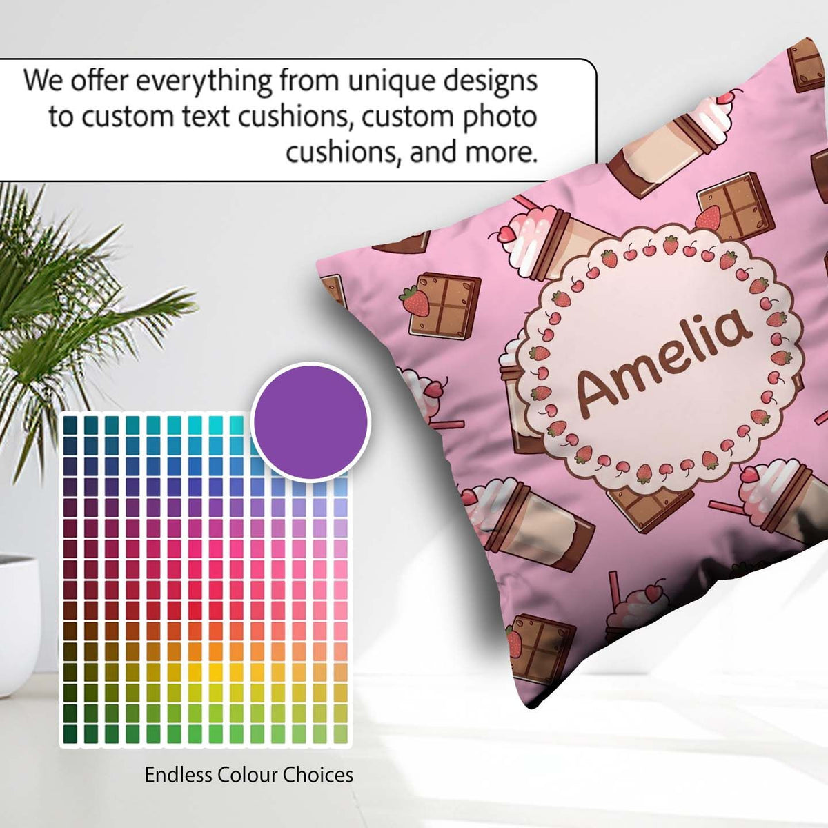 Custom Name Cute Chocolate Milkshake Pink Background Sweet Drink Square Filled Cushion Throw Pillow Sofa Bed Home Decor Zip Washable UK Made