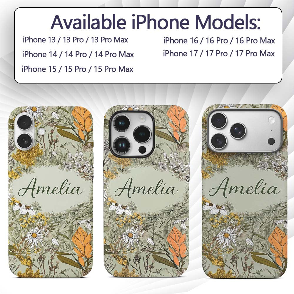 Vintage Botanical Floral Sage Green Detailed Custom Name Protective Phone Case Mobile Cover Durable Everyday Smartphone Shock Resistant