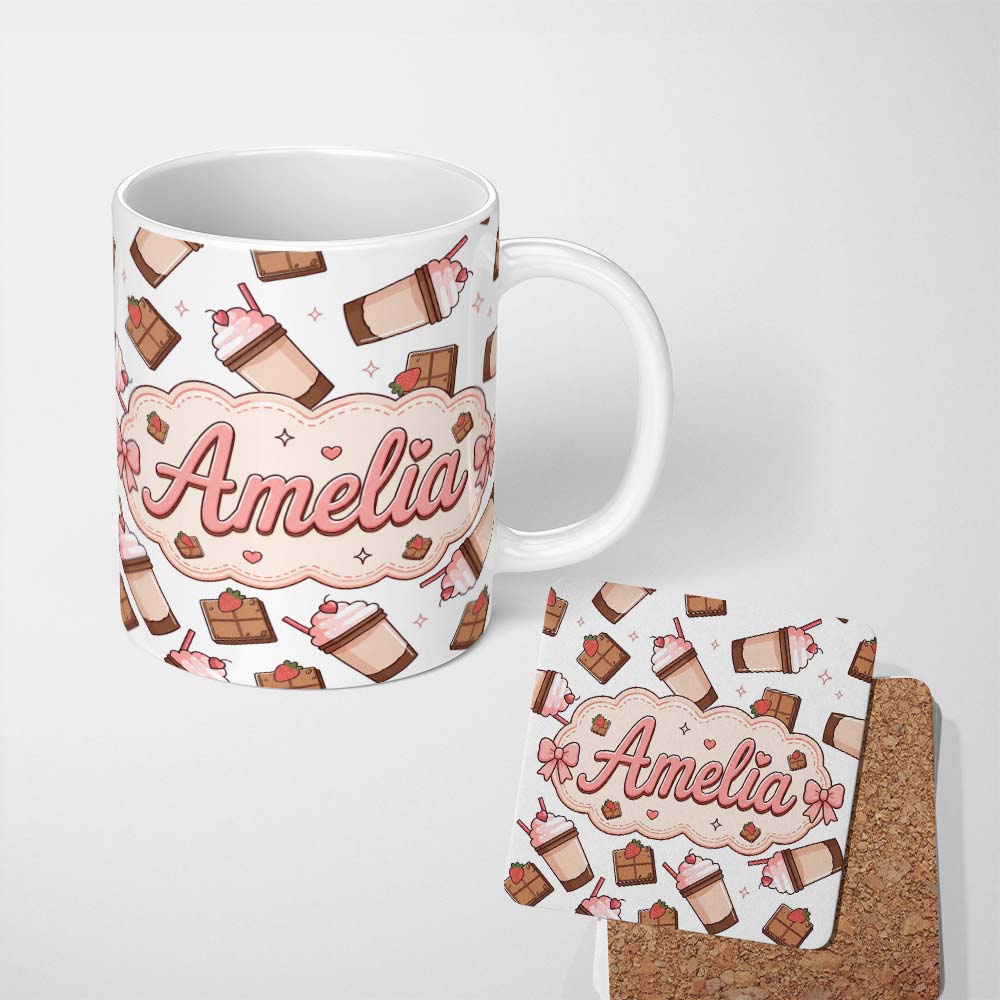Personalized Custom Name Cute Chocolate Milkshake Light Grey Background Sweet Drink Seamless 11oz Ceramic Coffee Tea Mug White Large Handle