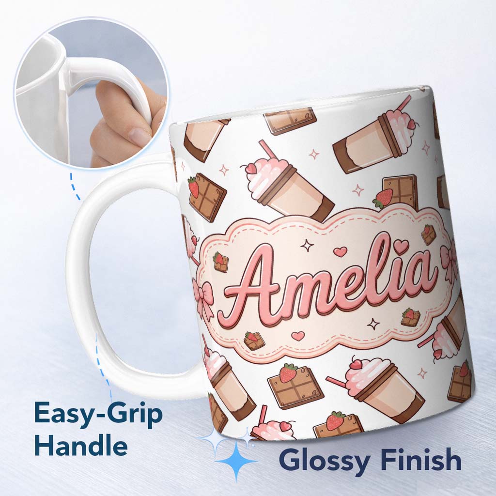 Personalized Custom Name Cute Chocolate Milkshake Light Grey Background Sweet Drink Seamless 11oz Ceramic Coffee Tea Mug White Large Handle