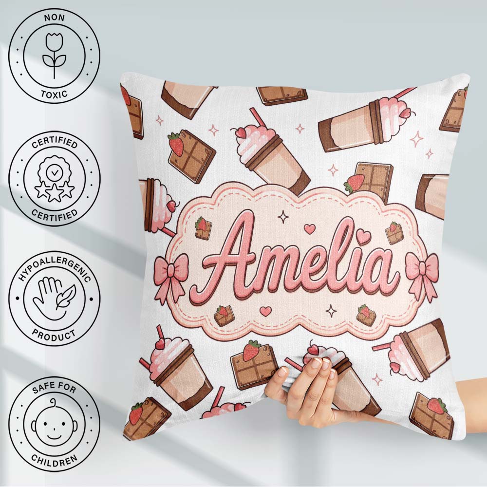 Custom Name Chocolate Light Grey Background Sweet Drink Seamless Square Filled Cushion Throw Pillow Sofa Bed Home Decor Zip Washable UK Made