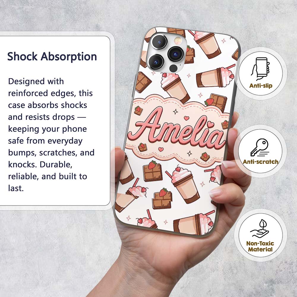 Cute Chocolate Milkshake Light Grey Background Custom Name Protective Phone Case Mobile Cover Durable Everyday Smartphone Shock Resistant