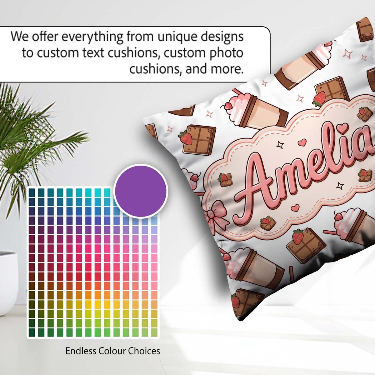 Custom Name Chocolate Light Grey Background Sweet Drink Seamless Square Filled Cushion Throw Pillow Sofa Bed Home Decor Zip Washable UK Made