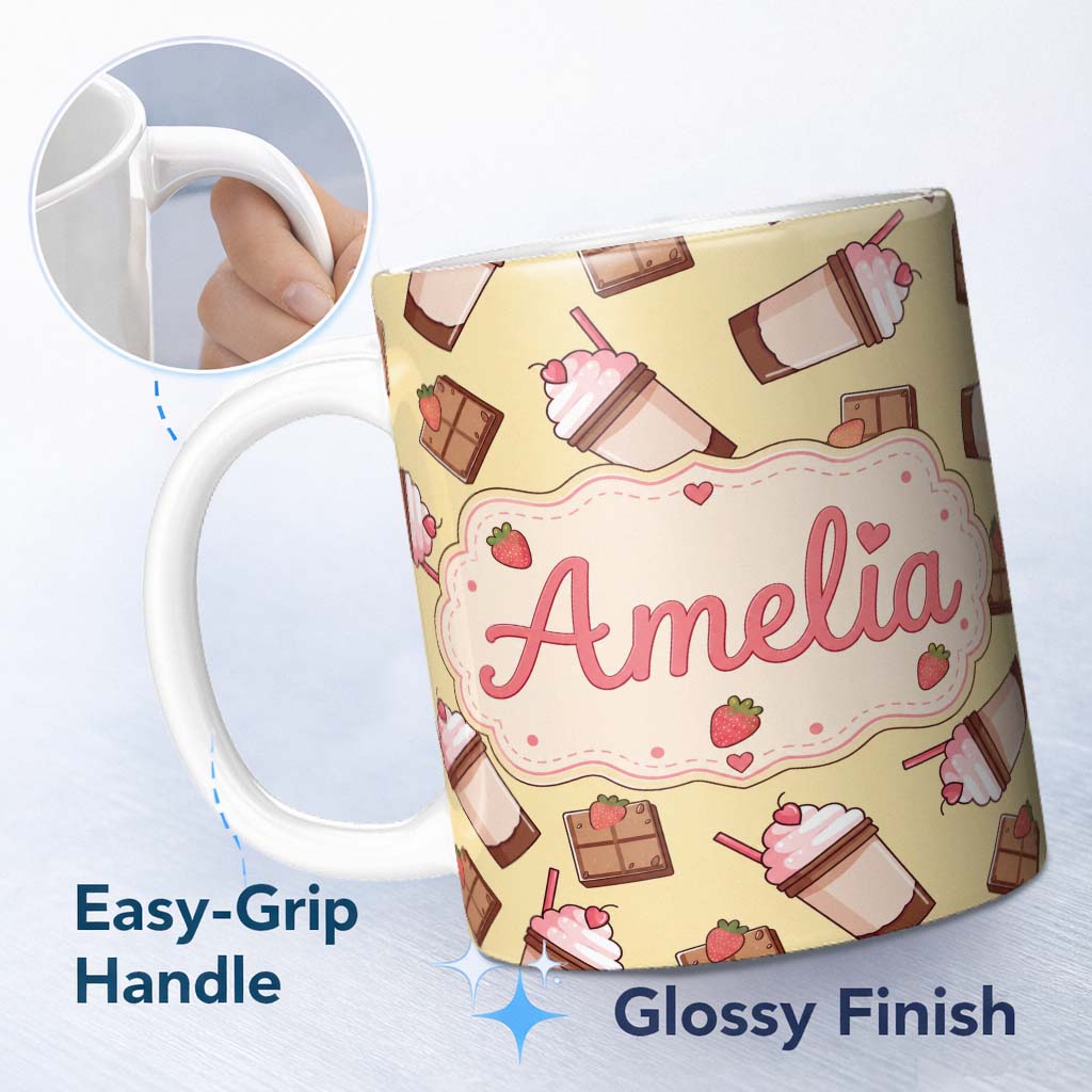 Personalized Custom Name Cute Chocolate Milkshake Strawberry Sweet Drink Seamless Pattern 11oz Ceramic Coffee Tea Mug White Large Handle