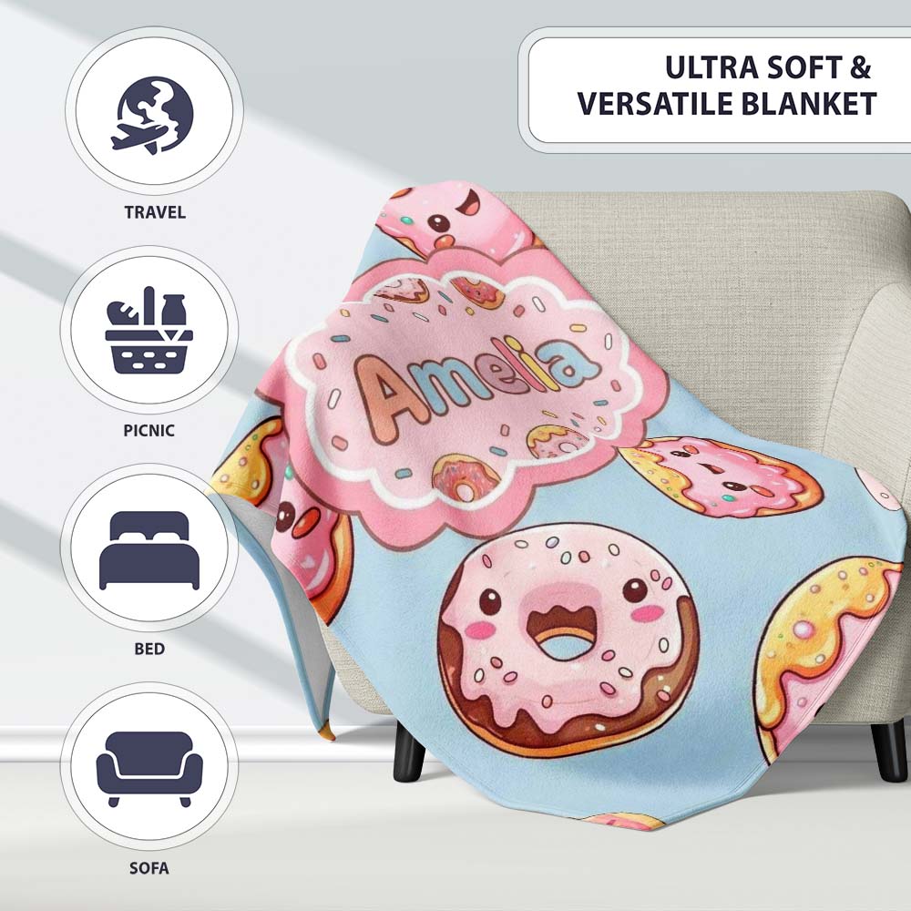 Cute Kawaii Donuts Sky Blue Frosted Sweet Dessert Seamless Pattern Personalised Custom Name Super Soft Fleece Blanket Bed Sofa Throw