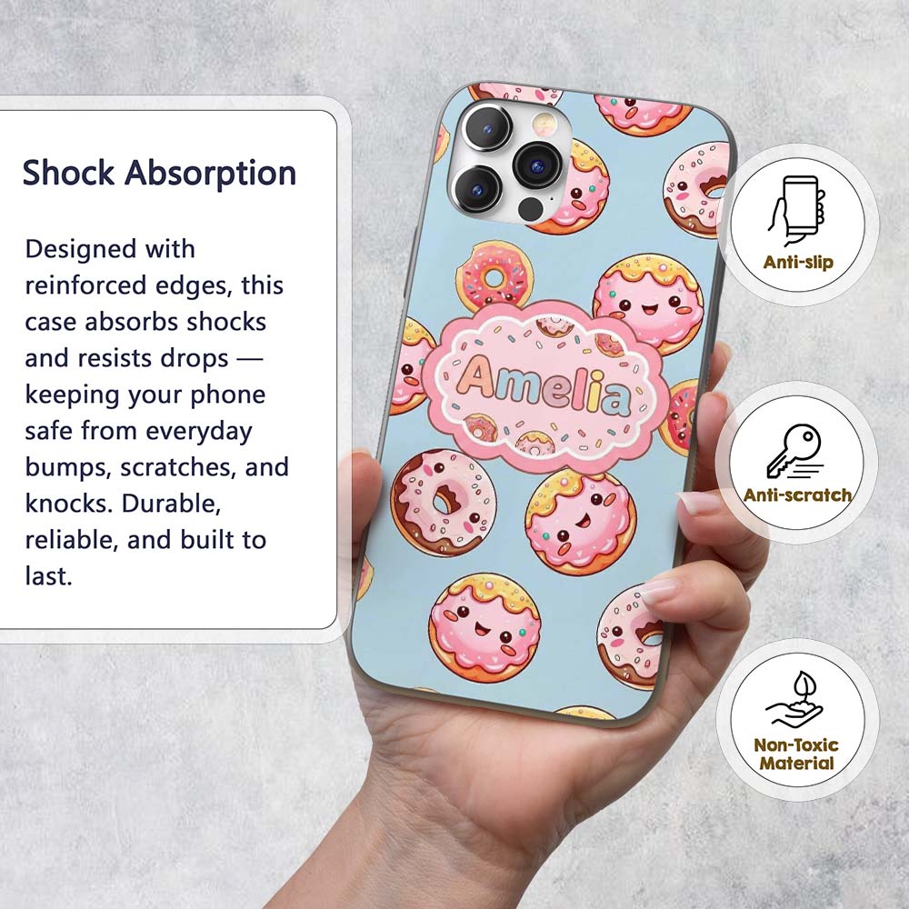 Cute Kawaii Donuts Sky Blue Frosted Sweet Dessert Custom Name Protective Phone Case Mobile Cover Durable Everyday Smartphone Shock Resistant