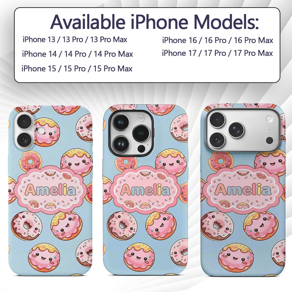 Cute Kawaii Donuts Sky Blue Frosted Sweet Dessert Custom Name Protective Phone Case Mobile Cover Durable Everyday Smartphone Shock Resistant