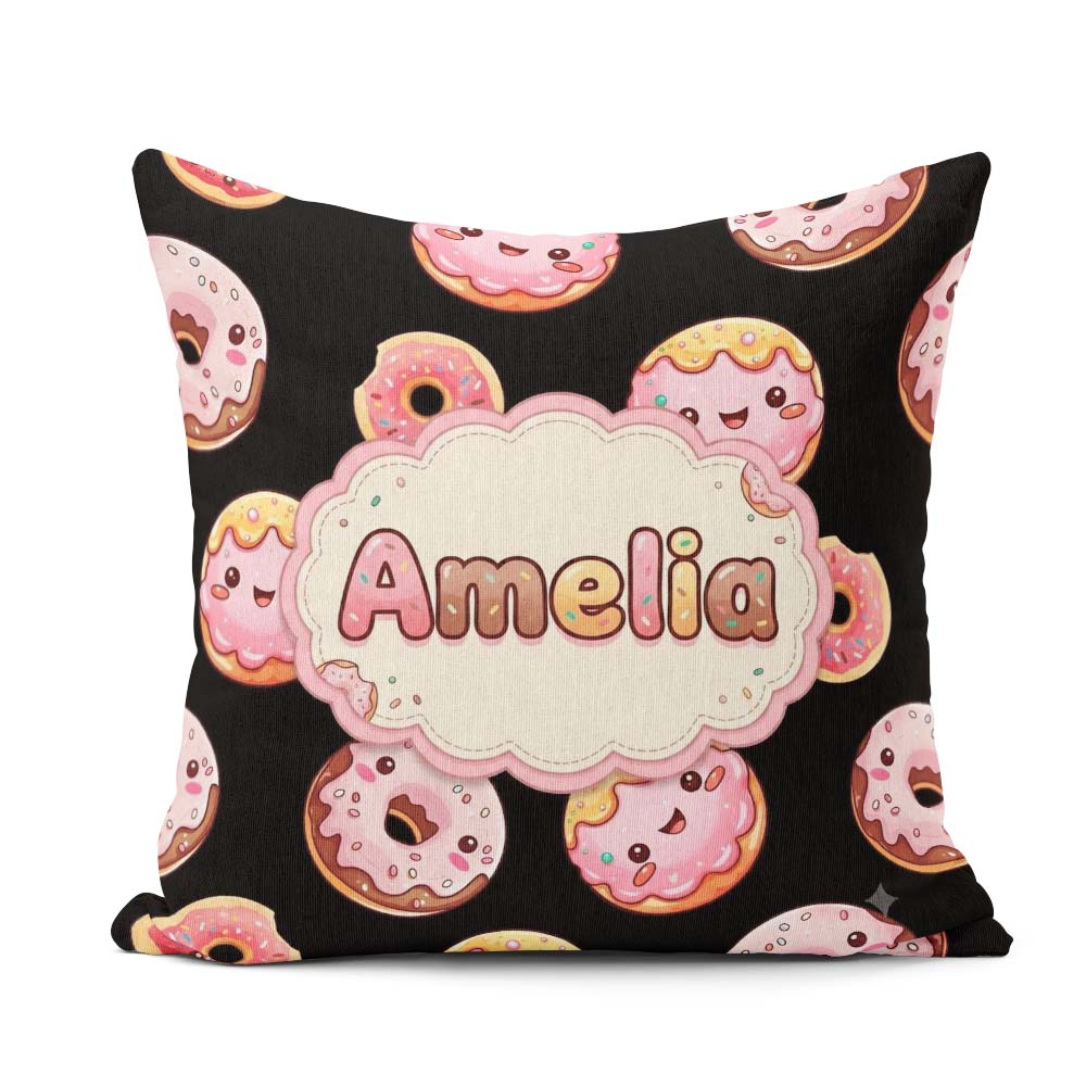 Custom Name Kawaii Donuts Black Background Sweet Dessert Pattern Square Filled Cushion Throw Pillow Sofa Bed Home Decor Zip Washable UK Made
