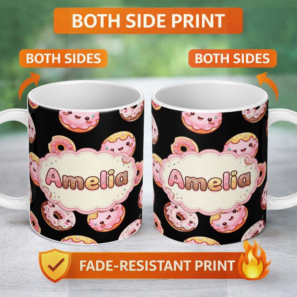 Personalized Custom Name Cute Kawaii Donuts Black Background Sweet Dessert Seamless Pattern 11oz Ceramic Coffee Tea Mug White Large Handle