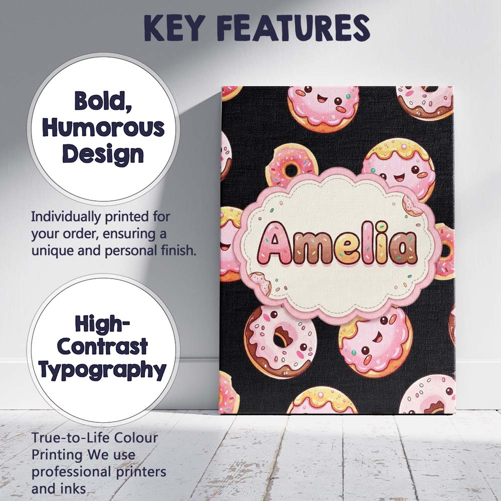 Personalised Name Cute Kawaii Donuts Black Custom Unique Gift Idea Elegant Feature Canvas Wall Art Print Decor Picture Ready to Hang