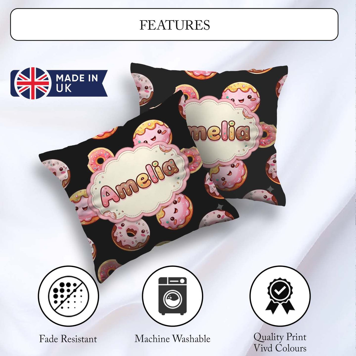 Custom Name Kawaii Donuts Black Background Sweet Dessert Pattern Square Filled Cushion Throw Pillow Sofa Bed Home Decor Zip Washable UK Made