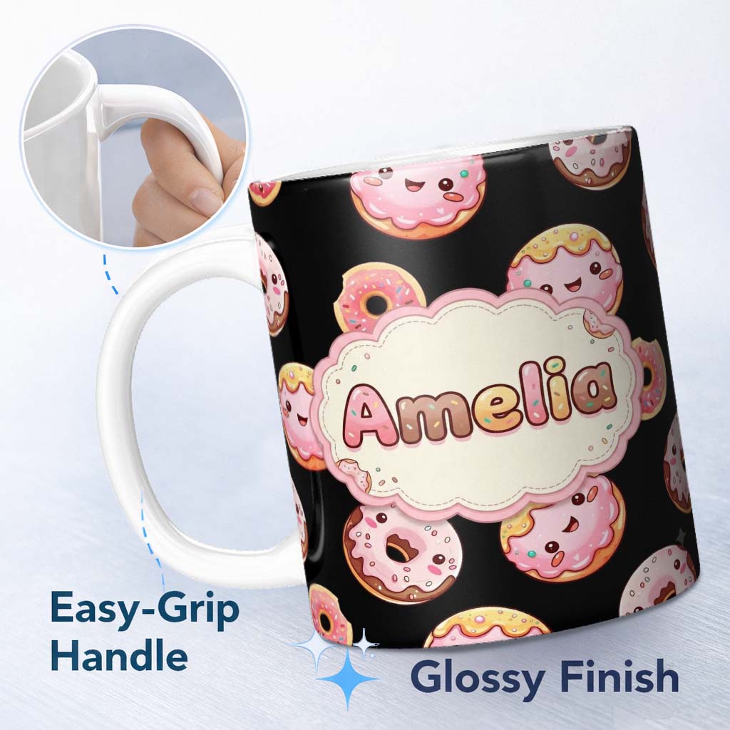 Personalized Custom Name Cute Kawaii Donuts Black Background Sweet Dessert Seamless Pattern 11oz Ceramic Coffee Tea Mug White Large Handle