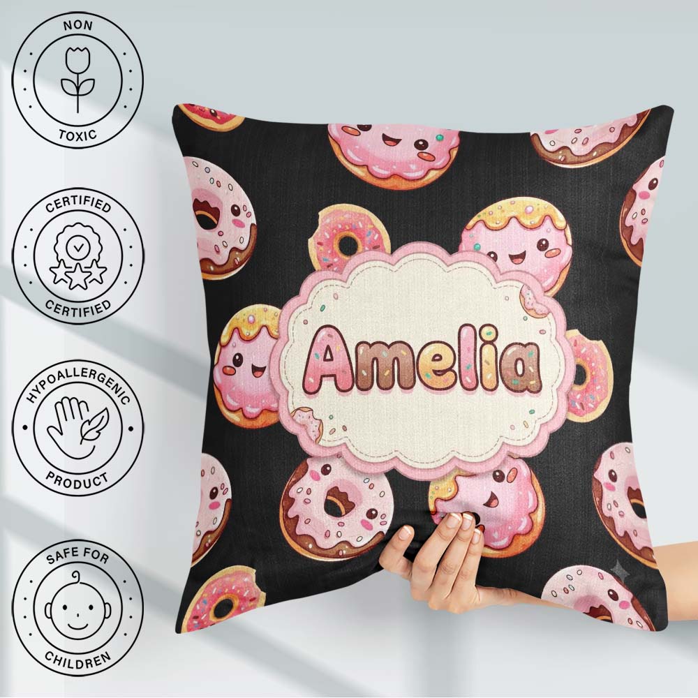 Custom Name Kawaii Donuts Black Background Sweet Dessert Pattern Square Filled Cushion Throw Pillow Sofa Bed Home Decor Zip Washable UK Made