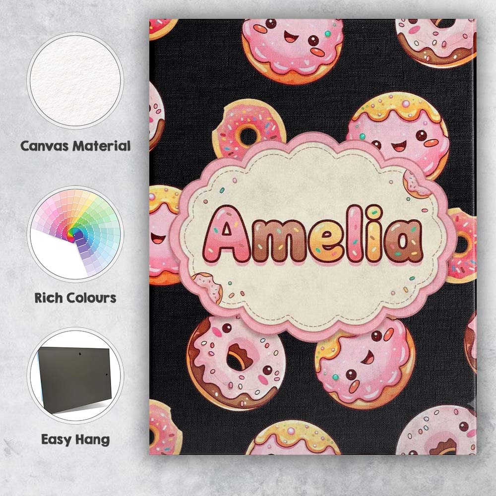 Personalised Name Cute Kawaii Donuts Black Custom Unique Gift Idea Elegant Feature Canvas Wall Art Print Decor Picture Ready to Hang