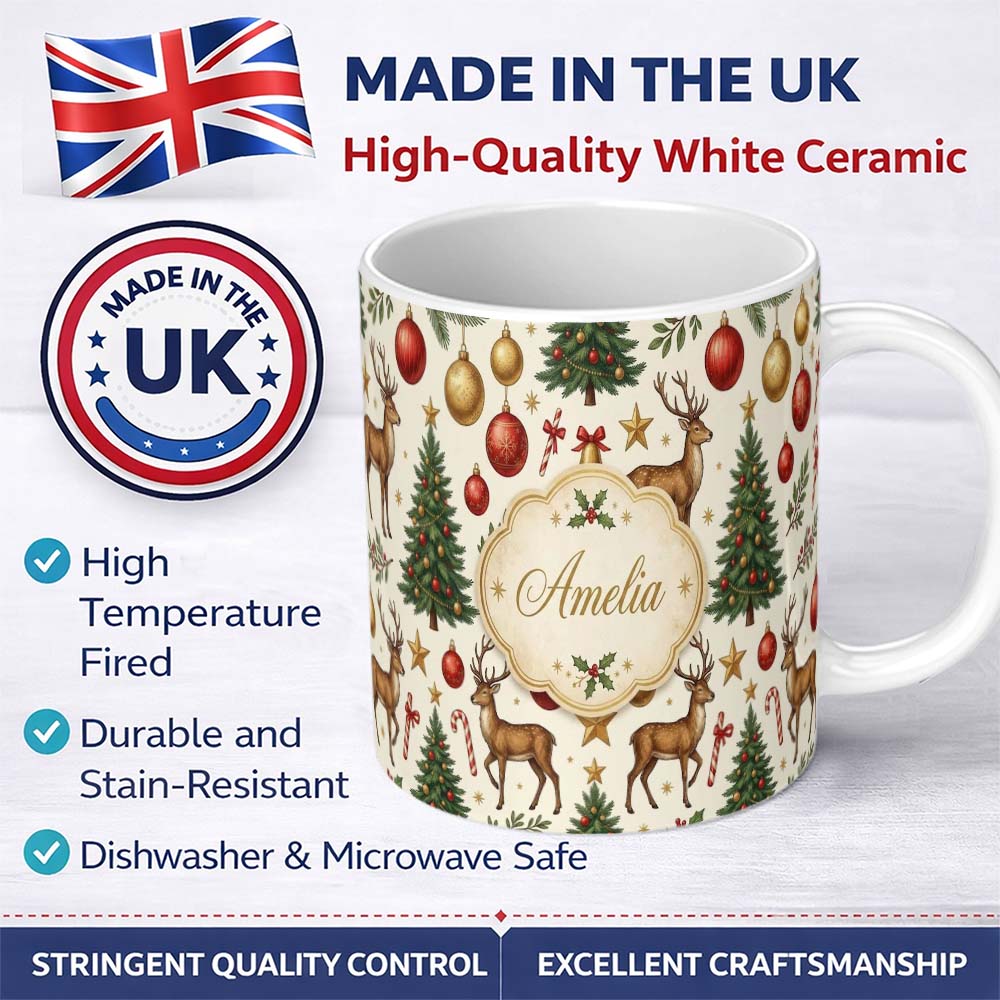 Personalized Custom Name Cute Reindeer Christmas Trees Baubles and Festive Holiday Elements 11oz Ceramic Coffee Tea Mug White Large Handle