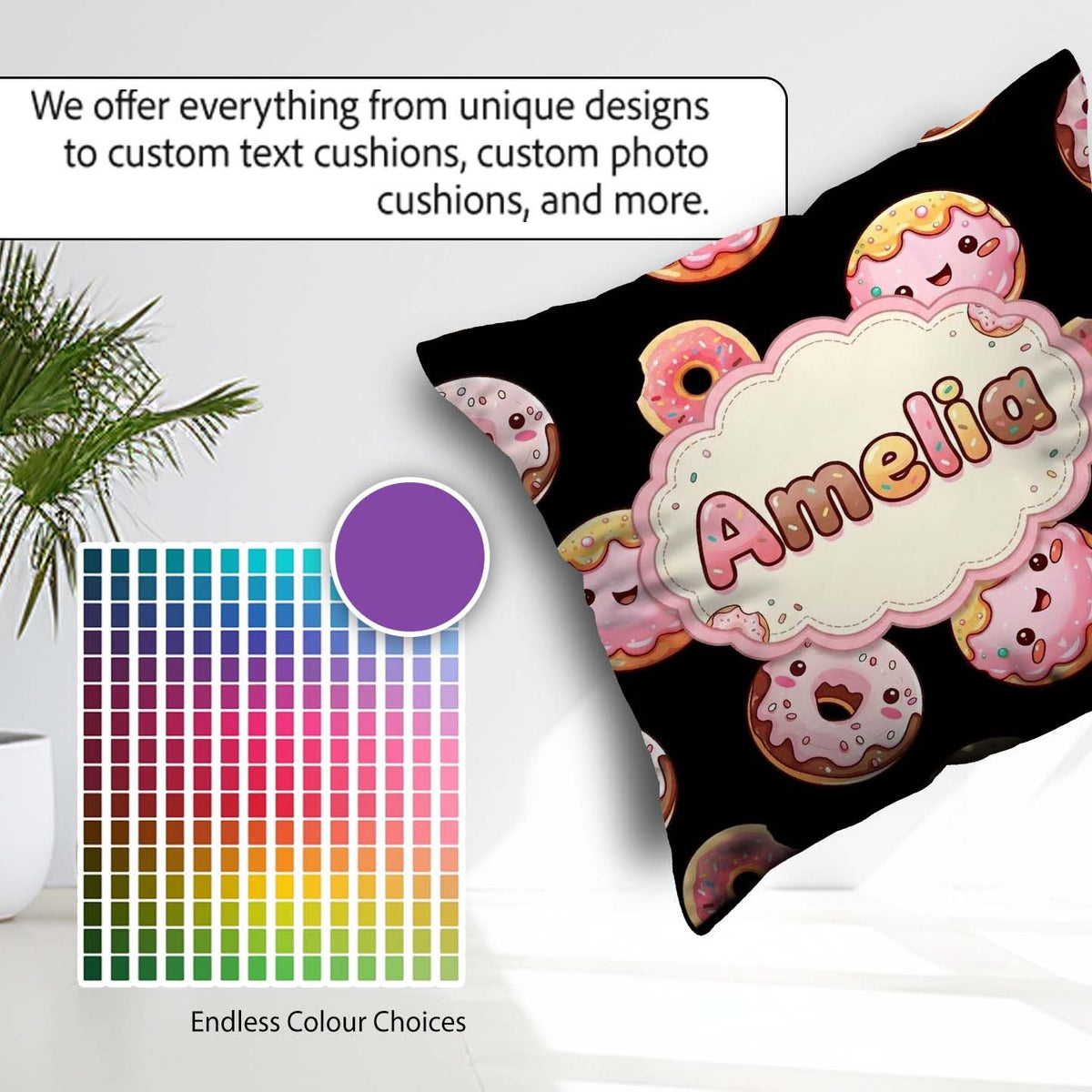 Custom Name Kawaii Donuts Black Background Sweet Dessert Pattern Square Filled Cushion Throw Pillow Sofa Bed Home Decor Zip Washable UK Made