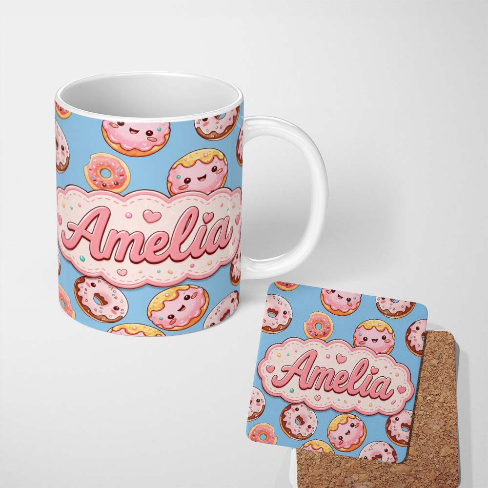 Personalized Custom Name Cute Kawaii Donuts Blue Background Sweet Dessert Seamless Pattern 11oz Ceramic Coffee Tea Mug White Large Handle
