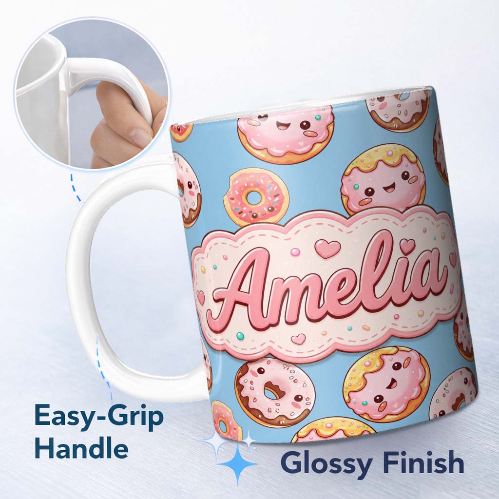 Personalized Custom Name Cute Kawaii Donuts Blue Background Sweet Dessert Seamless Pattern 11oz Ceramic Coffee Tea Mug White Large Handle