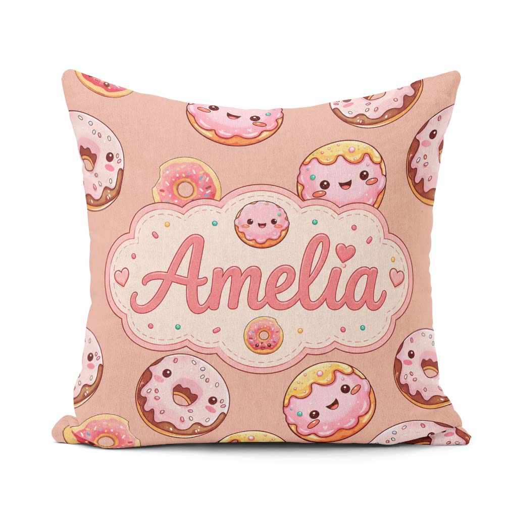 Custom Name Kawaii Donuts Peach Background Sweet Dessert Pattern Square Filled Cushion Throw Pillow Sofa Bed Home Decor Zip Washable UK Made