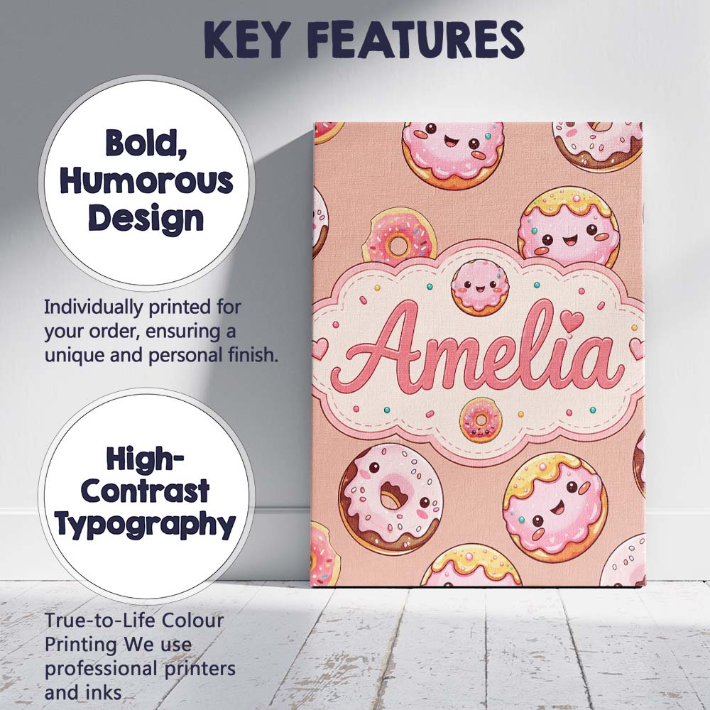 Personalised Name Cute Kawaii Donuts Peach Custom Unique Gift Idea Elegant Feature Canvas Wall Art Print Decor Picture Ready to Hang