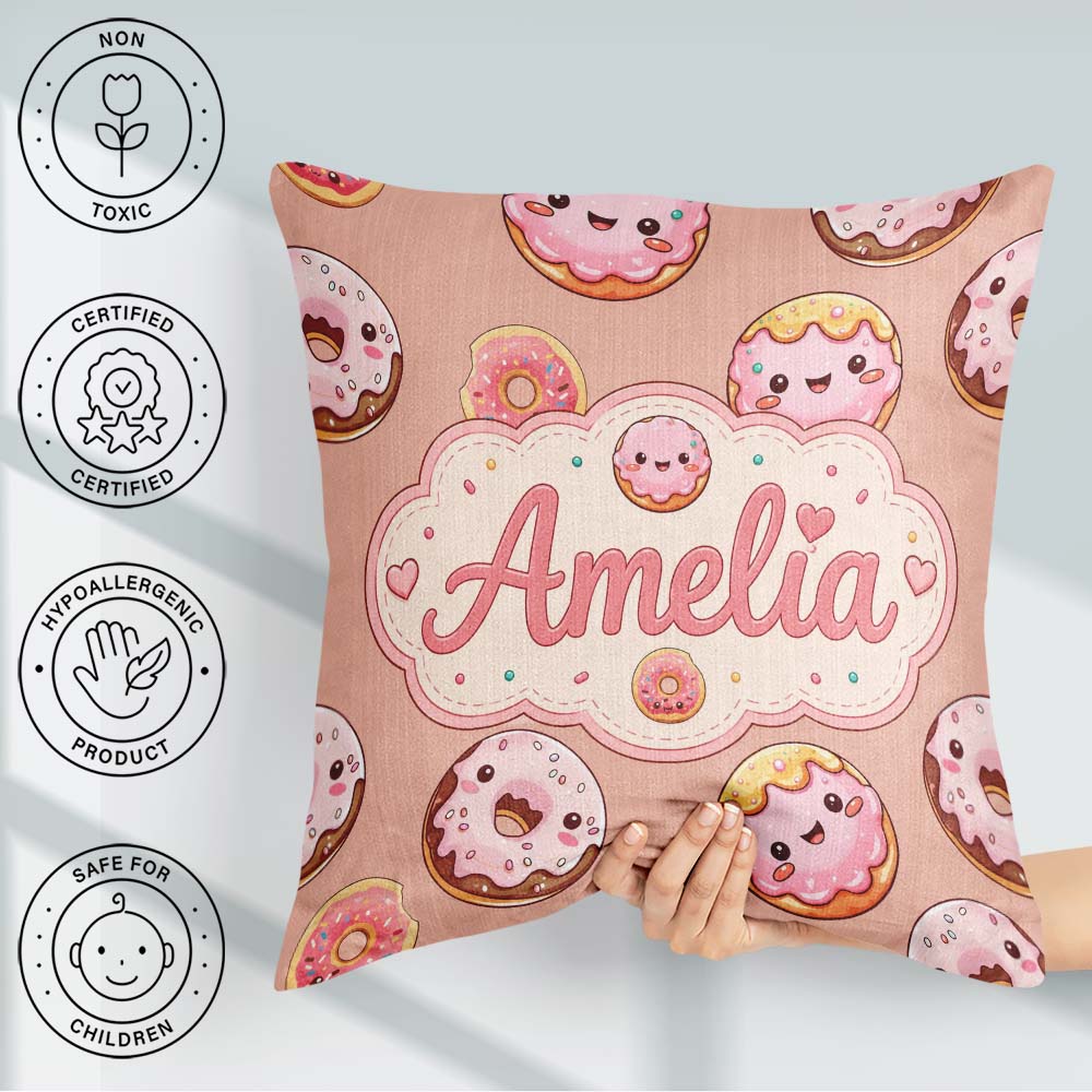 Custom Name Kawaii Donuts Peach Background Sweet Dessert Pattern Square Filled Cushion Throw Pillow Sofa Bed Home Decor Zip Washable UK Made