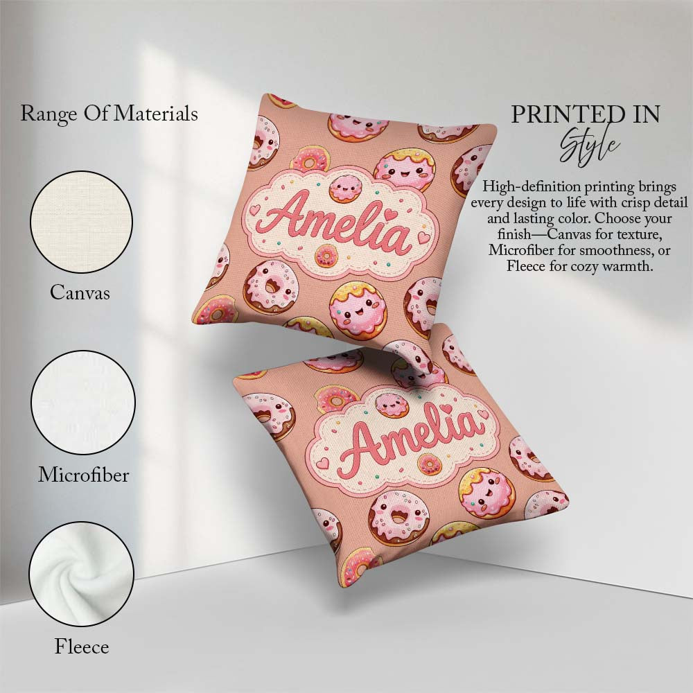 Custom Name Kawaii Donuts Peach Background Sweet Dessert Pattern Square Filled Cushion Throw Pillow Sofa Bed Home Decor Zip Washable UK Made