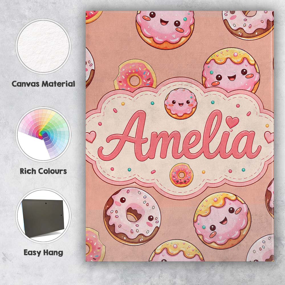 Personalised Name Cute Kawaii Donuts Peach Custom Unique Gift Idea Elegant Feature Canvas Wall Art Print Decor Picture Ready to Hang