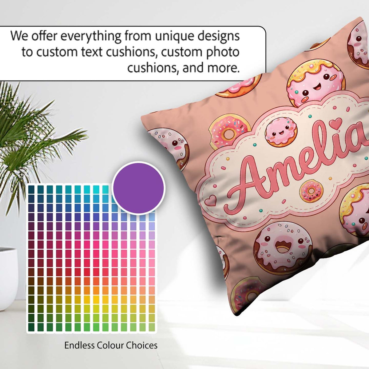 Custom Name Kawaii Donuts Peach Background Sweet Dessert Pattern Square Filled Cushion Throw Pillow Sofa Bed Home Decor Zip Washable UK Made