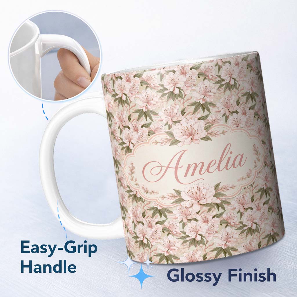Personalized Custom Name Soft Blush Pink Cherry Blossom Floral Seamless Pattern Lovely 11oz Ceramic Coffee Tea Mug White Large Handle