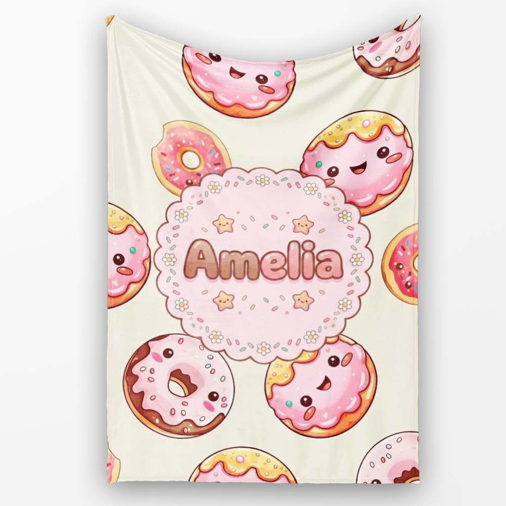 Cute Kawaii Donuts Cream Background Sweet Dessert Seamless Pattern Personalised Custom Name Super Soft Fleece Blanket Bed Sofa Throw