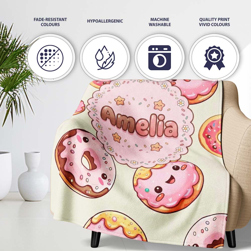 Cute Kawaii Donuts Cream Background Sweet Dessert Seamless Pattern Personalised Custom Name Super Soft Fleece Blanket Bed Sofa Throw