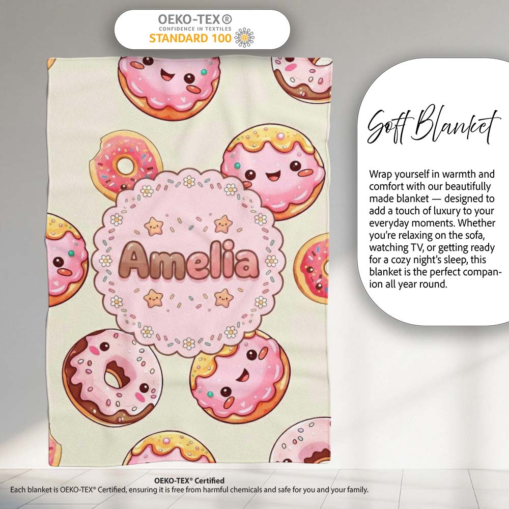 Cute Kawaii Donuts Cream Background Sweet Dessert Seamless Pattern Personalised Custom Name Super Soft Fleece Blanket Bed Sofa Throw