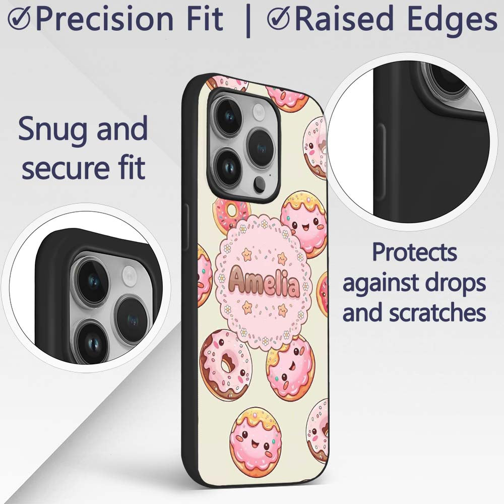Cute Kawaii Donuts Cream Background Sweet Dessert Custom Name Protective Phone Case Mobile Cover Durable Everyday Smartphone Shock Resistant