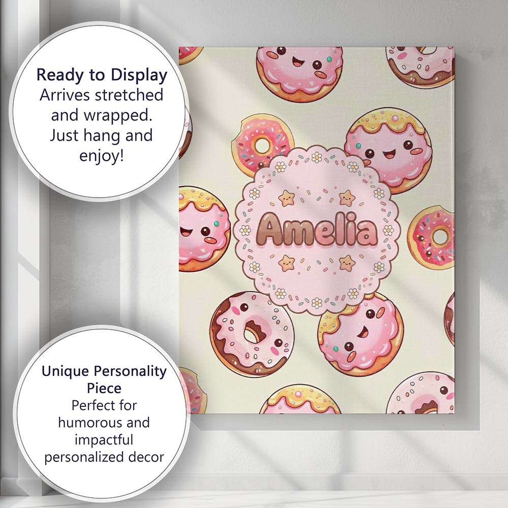 Personalised Name Cute Kawaii Donuts Cream Custom Unique Gift Idea Elegant Feature Canvas Wall Art Print Decor Picture Ready to Hang