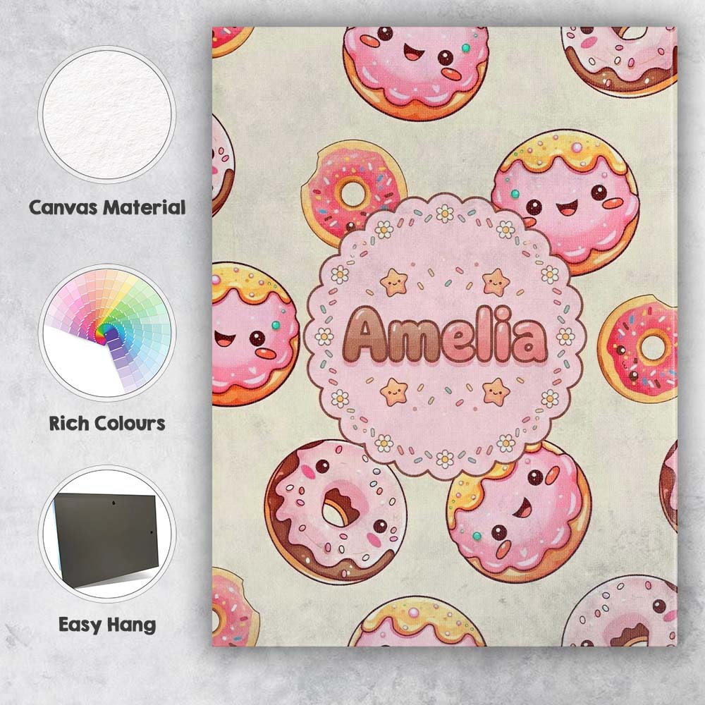 Personalised Name Cute Kawaii Donuts Cream Custom Unique Gift Idea Elegant Feature Canvas Wall Art Print Decor Picture Ready to Hang