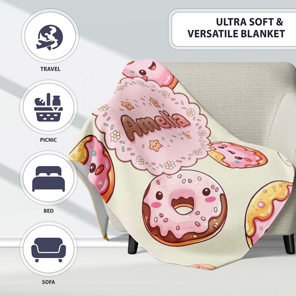 Cute Kawaii Donuts Cream Background Sweet Dessert Seamless Pattern Personalised Custom Name Super Soft Fleece Blanket Bed Sofa Throw