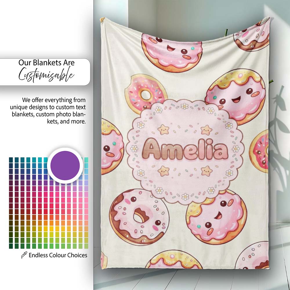 Cute Kawaii Donuts Cream Background Sweet Dessert Seamless Pattern Personalised Custom Name Super Soft Fleece Blanket Bed Sofa Throw