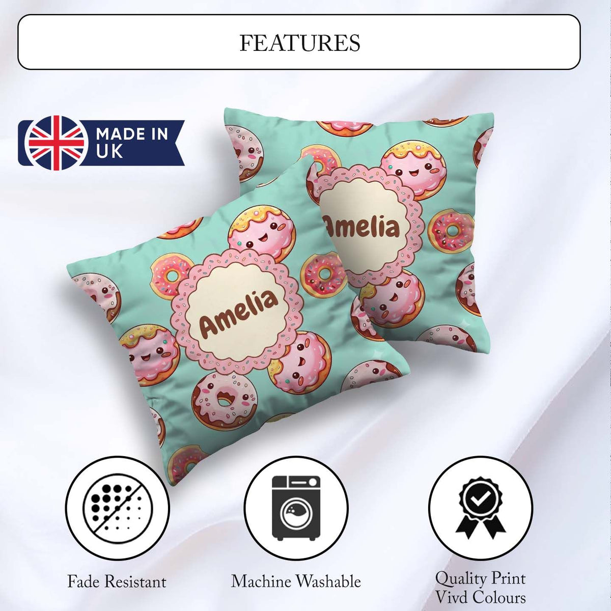 Custom Name Kawaii Donuts Mint Background Sweet Dessert Seamless Square Filled Cushion Throw Pillow Sofa Bed Home Decor Zip Washable UK Made